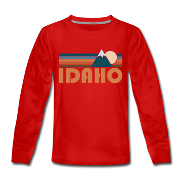 Idaho Youth Long Sleeve Shirt - Retro Mountain Youth Long Sleeve Idaho Tee - red