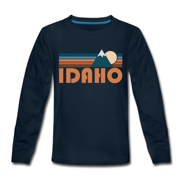 Idaho Youth Long Sleeve Shirt - Retro Mountain Youth Long Sleeve Idaho Tee - deep navy