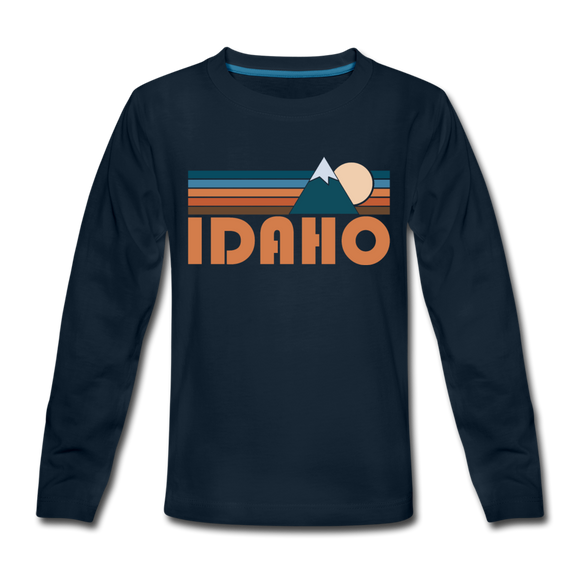 Idaho Youth Long Sleeve Shirt - Retro Mountain Youth Long Sleeve Idaho Tee - deep navy