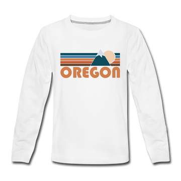 Oregon Youth Long Sleeve Shirt - Retro Mountain Youth Long Sleeve Oregon Tee - white