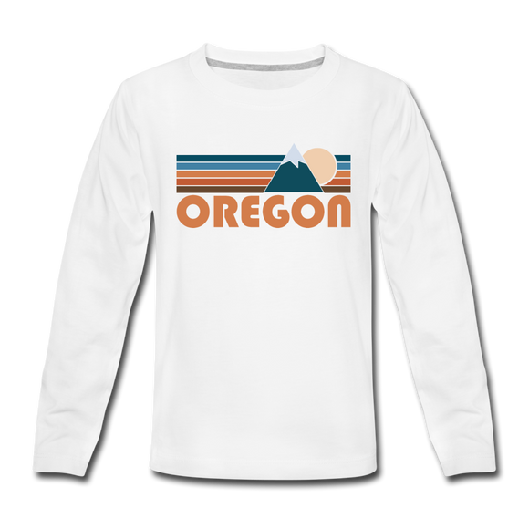 Oregon Youth Long Sleeve Shirt - Retro Mountain Youth Long Sleeve Oregon Tee - white