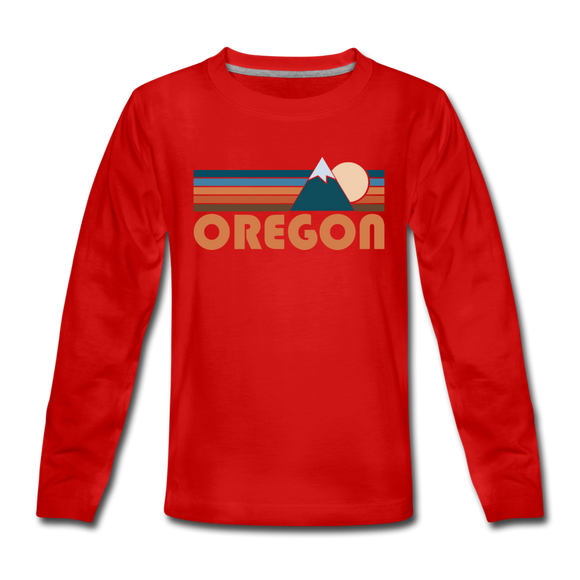 Oregon Youth Long Sleeve Shirt - Retro Mountain Youth Long Sleeve Oregon Tee - red