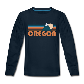 Oregon Youth Long Sleeve Shirt - Retro Mountain Youth Long Sleeve Oregon Tee - deep navy