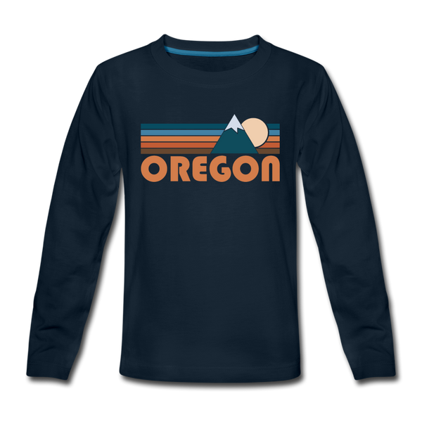 Oregon Youth Long Sleeve Shirt - Retro Mountain Youth Long Sleeve Oregon Tee - deep navy