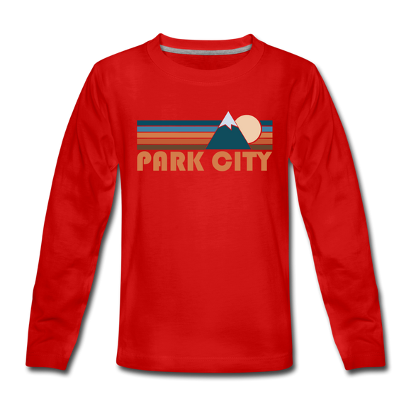 Park City, Utah Youth Long Sleeve Shirt - Retro Mountain Youth Long Sleeve Park City Tee - red