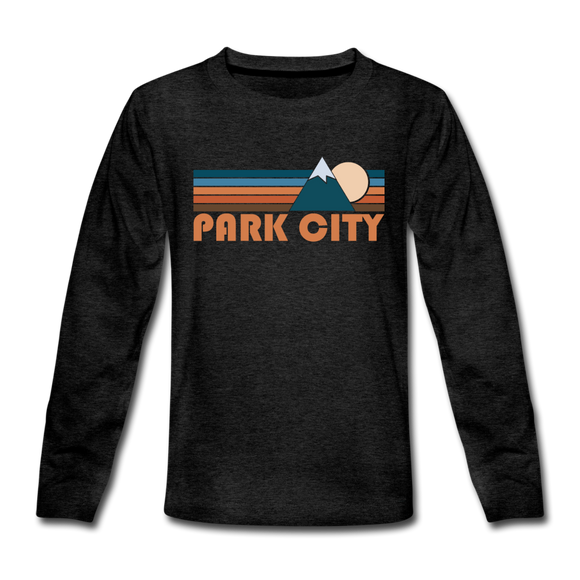 Park City, Utah Youth Long Sleeve Shirt - Retro Mountain Youth Long Sleeve Park City Tee - charcoal gray