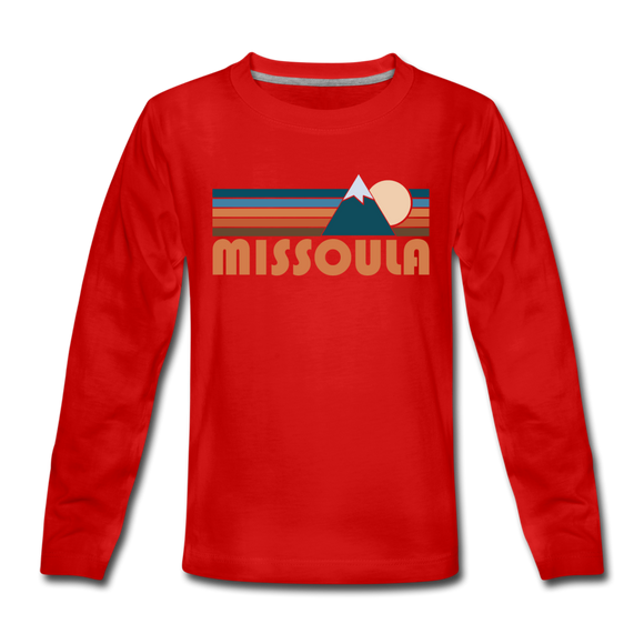 Missoula, Montana Youth Long Sleeve Shirt - Retro Mountain Youth Long Sleeve Missoula Tee - red