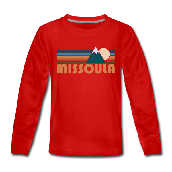 Missoula, Montana Youth Long Sleeve Shirt - Retro Mountain Youth Long Sleeve Missoula Tee - red