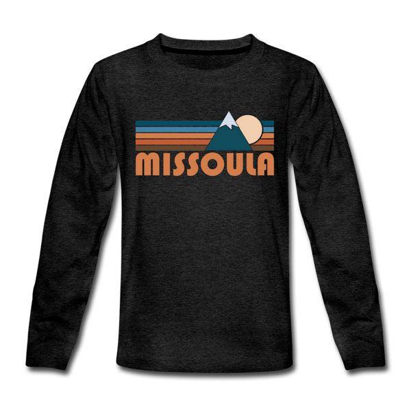Missoula, Montana Youth Long Sleeve Shirt - Retro Mountain Youth Long Sleeve Missoula Tee - charcoal gray