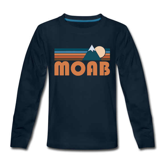 Moab, Utah Youth Long Sleeve Shirt - Retro Mountain Youth Long Sleeve Moab Tee - deep navy