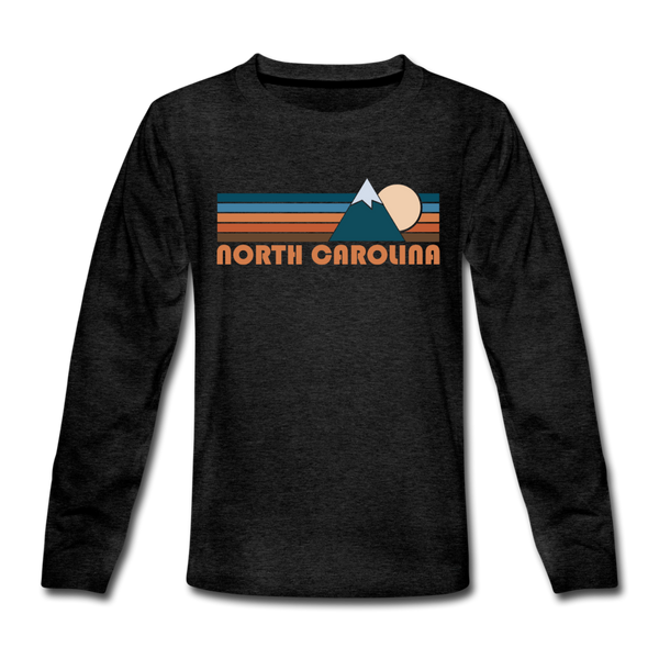 North Carolina Youth Long Sleeve Shirt - Retro Mountain Youth Long Sleeve North Carolina Tee - charcoal gray