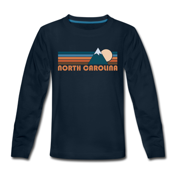 North Carolina Youth Long Sleeve Shirt - Retro Mountain Youth Long Sleeve North Carolina Tee - deep navy