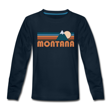 Montana Youth Long Sleeve Shirt - Retro Mountain Youth Long Sleeve Montana Tee - deep navy