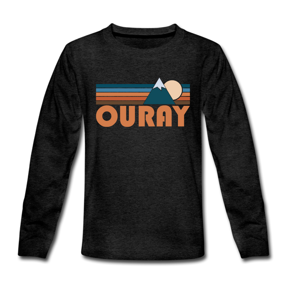 Ouray, Colorado Youth Long Sleeve Shirt - Retro Mountain Youth Long Sleeve Ouray Tee - charcoal gray