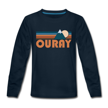 Ouray, Colorado Youth Long Sleeve Shirt - Retro Mountain Youth Long Sleeve Ouray Tee - deep navy