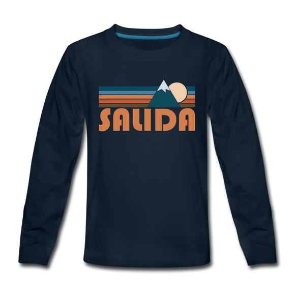 Salida, Colorado Youth Long Sleeve Shirt - Retro Mountain Youth Long Sleeve Salida Tee - deep navy
