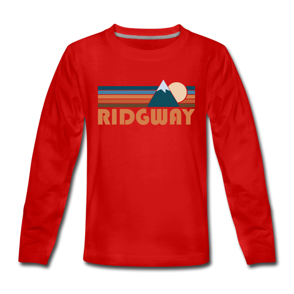 Ridgway, Colorado Youth Long Sleeve Shirt - Retro Mountain Youth Long Sleeve Ridgway Tee - red