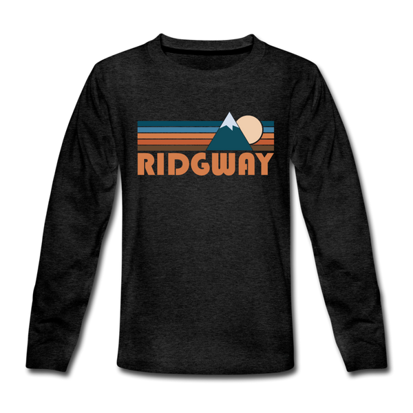 Ridgway, Colorado Youth Long Sleeve Shirt - Retro Mountain Youth Long Sleeve Ridgway Tee - charcoal gray