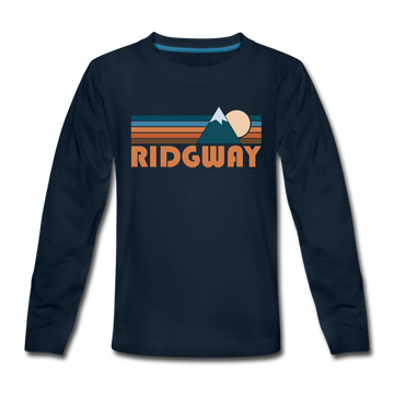 Ridgway, Colorado Youth Long Sleeve Shirt - Retro Mountain Youth Long Sleeve Ridgway Tee - deep navy