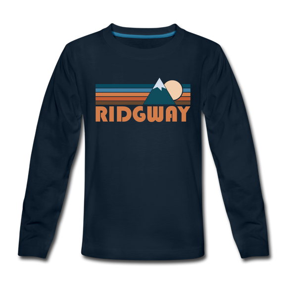 Ridgway, Colorado Youth Long Sleeve Shirt - Retro Mountain Youth Long Sleeve Ridgway Tee - deep navy