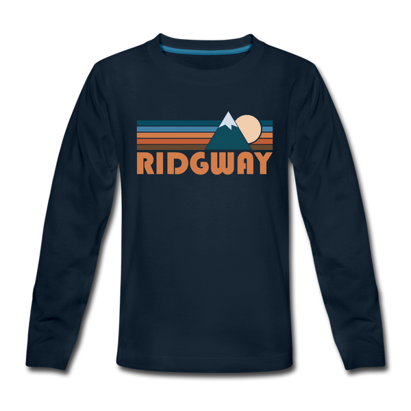 Ridgway, Colorado Youth Long Sleeve Shirt - Retro Mountain Youth Long Sleeve Ridgway Tee - deep navy
