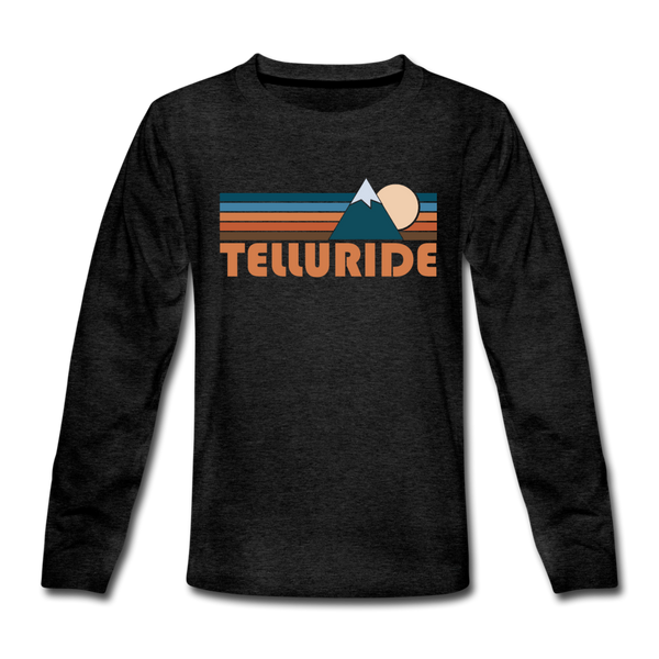 Telluride, Colorado Youth Long Sleeve Shirt - Retro Mountain Youth Long Sleeve Telluride Tee - charcoal gray