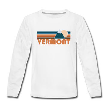 Vermont Youth Long Sleeve Shirt - Retro Mountain Youth Long Sleeve Vermont Tee - white
