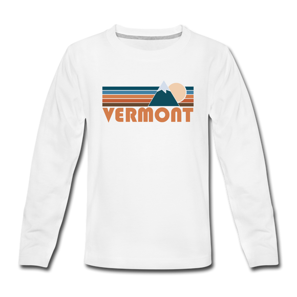 Vermont Youth Long Sleeve Shirt - Retro Mountain Youth Long Sleeve Vermont Tee - white