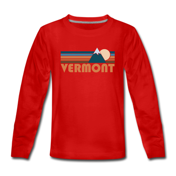 Vermont Youth Long Sleeve Shirt - Retro Mountain Youth Long Sleeve Vermont Tee - red