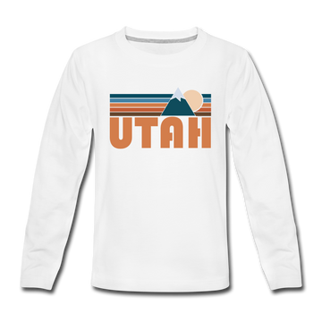 Utah Youth Long Sleeve Shirt - Retro Mountain Youth Long Sleeve Utah Tee - white