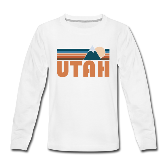 Utah Youth Long Sleeve Shirt - Retro Mountain Youth Long Sleeve Utah Tee - white