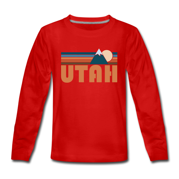Utah Youth Long Sleeve Shirt - Retro Mountain Youth Long Sleeve Utah Tee - red