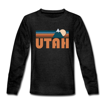 Utah Youth Long Sleeve Shirt - Retro Mountain Youth Long Sleeve Utah Tee - charcoal gray