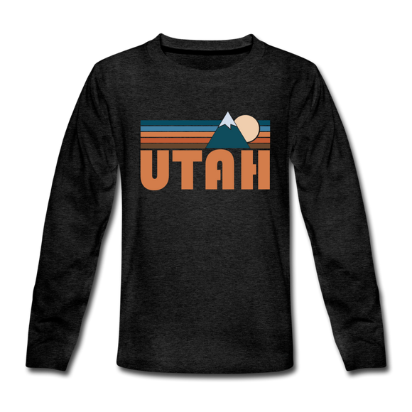 Utah Youth Long Sleeve Shirt - Retro Mountain Youth Long Sleeve Utah Tee - charcoal gray