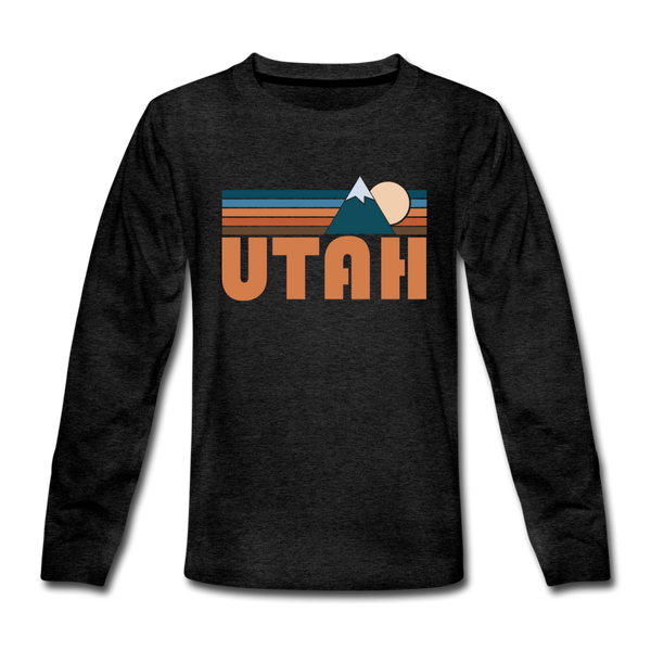 Utah Youth Long Sleeve Shirt - Retro Mountain Youth Long Sleeve Utah Tee - charcoal gray