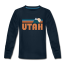Utah Youth Long Sleeve Shirt - Retro Mountain Youth Long Sleeve Utah Tee - deep navy