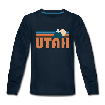 Utah Youth Long Sleeve Shirt - Retro Mountain Youth Long Sleeve Utah Tee - deep navy