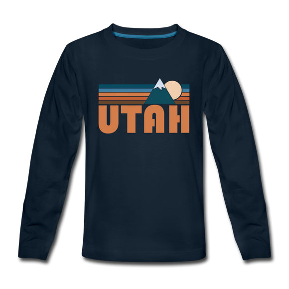 Utah Youth Long Sleeve Shirt - Retro Mountain Youth Long Sleeve Utah Tee - deep navy