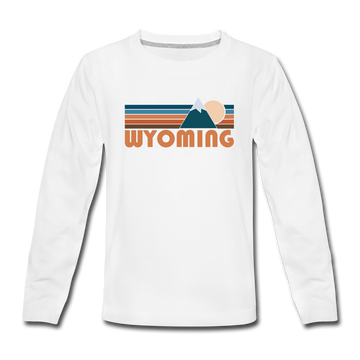Wyoming Youth Long Sleeve Shirt - Retro Mountain Youth Long Sleeve Wyoming Tee - white