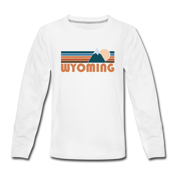 Wyoming Youth Long Sleeve Shirt - Retro Mountain Youth Long Sleeve Wyoming Tee - white