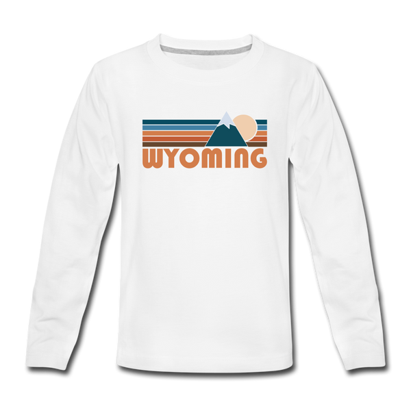 Wyoming Youth Long Sleeve Shirt - Retro Mountain Youth Long Sleeve Wyoming Tee - white