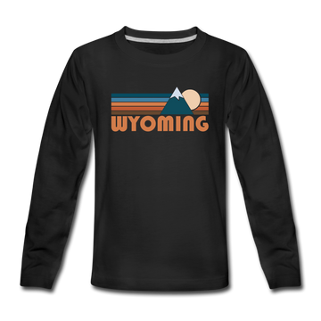 Wyoming Youth Long Sleeve Shirt - Retro Mountain Youth Long Sleeve Wyoming Tee - black