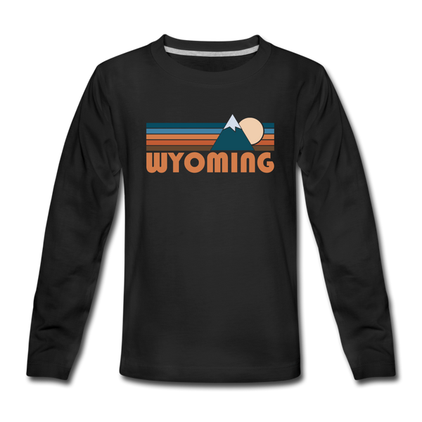 Wyoming Youth Long Sleeve Shirt - Retro Mountain Youth Long Sleeve Wyoming Tee - black