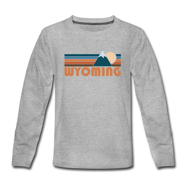 Wyoming Youth Long Sleeve Shirt - Retro Mountain Youth Long Sleeve Wyoming Tee - heather gray