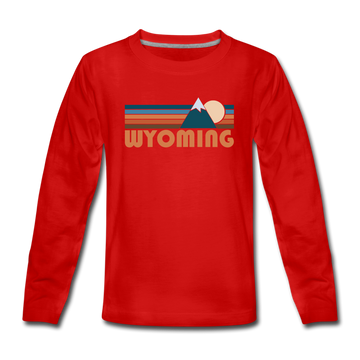Wyoming Youth Long Sleeve Shirt - Retro Mountain Youth Long Sleeve Wyoming Tee - red