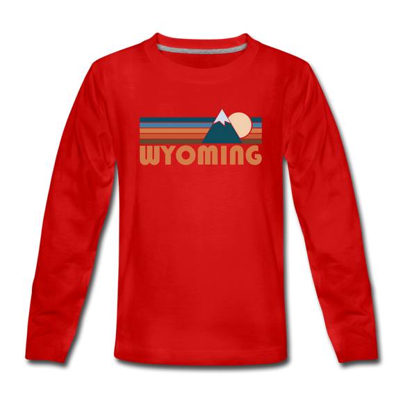 Wyoming Youth Long Sleeve Shirt - Retro Mountain Youth Long Sleeve Wyoming Tee - red