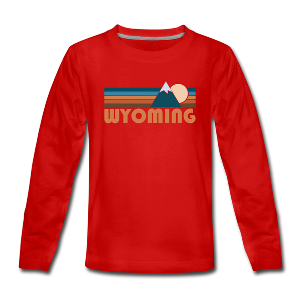 Wyoming Youth Long Sleeve Shirt - Retro Mountain Youth Long Sleeve Wyoming Tee - red