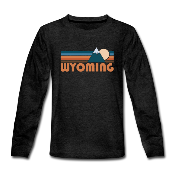 Wyoming Youth Long Sleeve Shirt - Retro Mountain Youth Long Sleeve Wyoming Tee - charcoal gray