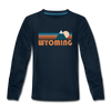 Wyoming Youth Long Sleeve Shirt - Retro Mountain Youth Long Sleeve Wyoming Tee - deep navy