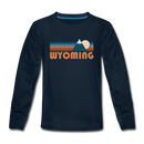 Wyoming Youth Long Sleeve Shirt - Retro Mountain Youth Long Sleeve Wyoming Tee - deep navy